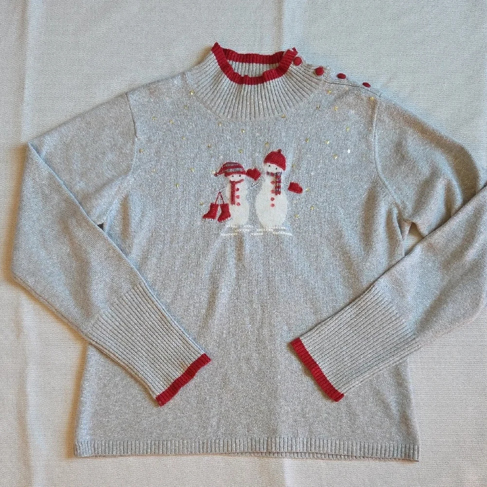 Marisa Christina Christmas Red and Gray Silver Metallic Knit Sweater sz S - Picture 2 of 8